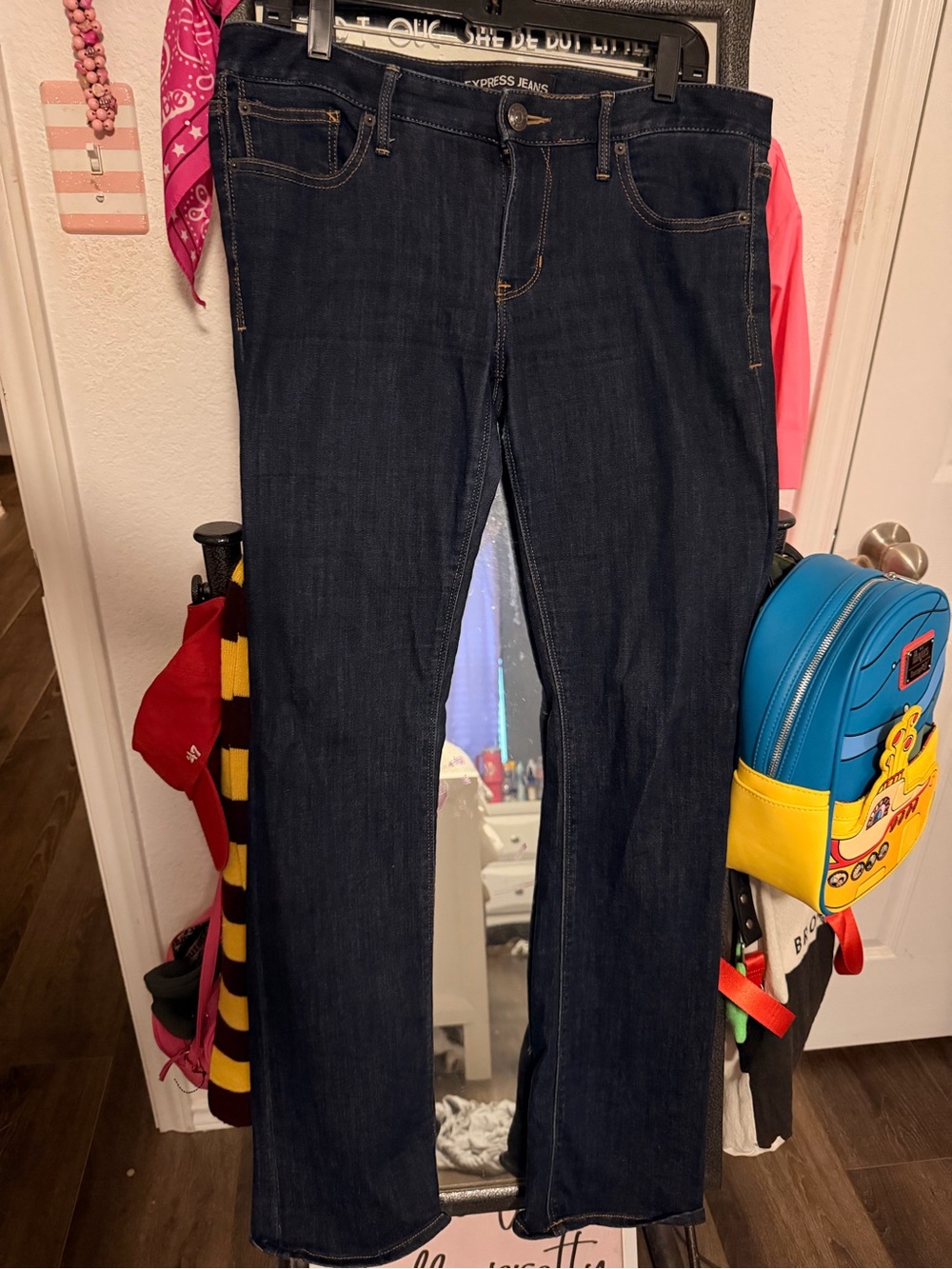 Express Women’s Dark Blue low rise barely boot Jeans GREAT condition size 10